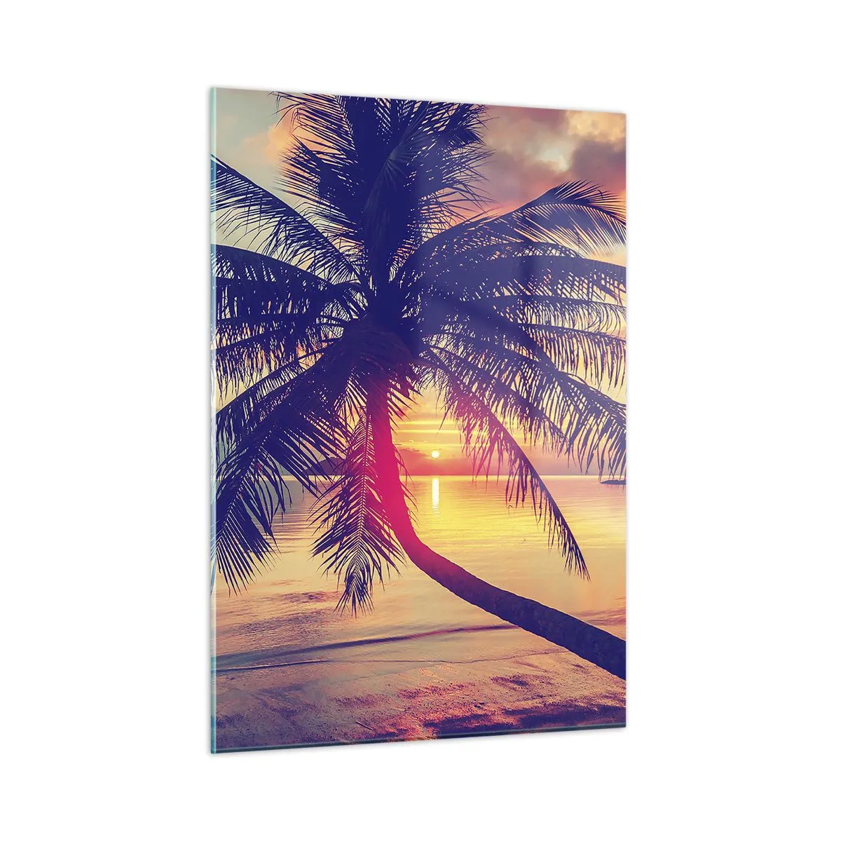Cuadro sobre vidrio - Impresiones sobre Vidrio - Palmera al atardecer sobre un mar en calma - 50x70cm - Atardecer bajo las palmeras - Decoración de pared moderna para salón y dormitorio ARTTOR