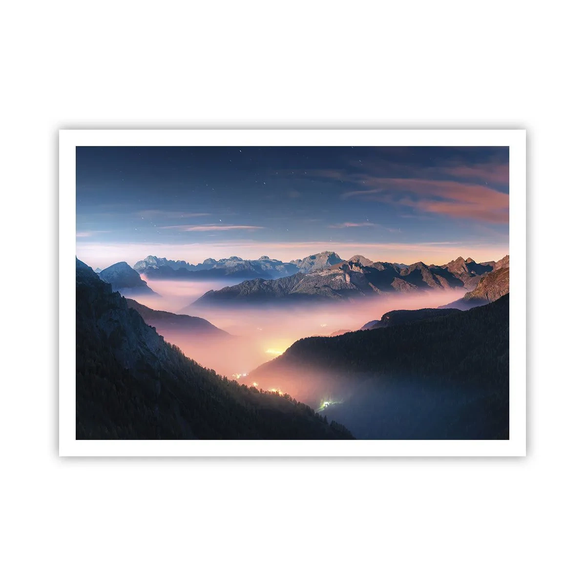Póster - Un paisaje de montaña con un valle lleno de niebla. - 100x70cm - Luz en los valles - Decoración de pared moderna para salón y dormitorio ARTTOR