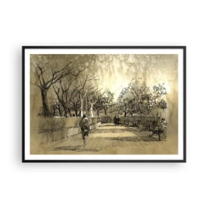 Póster en marco negro - Una escena de dibujos animados de un parque con gente caminando en tonos cálidos. - 100x70cm - Un momento hecho a pluma - Decoración de pared moderna para salón y dormitorio ARTTOR