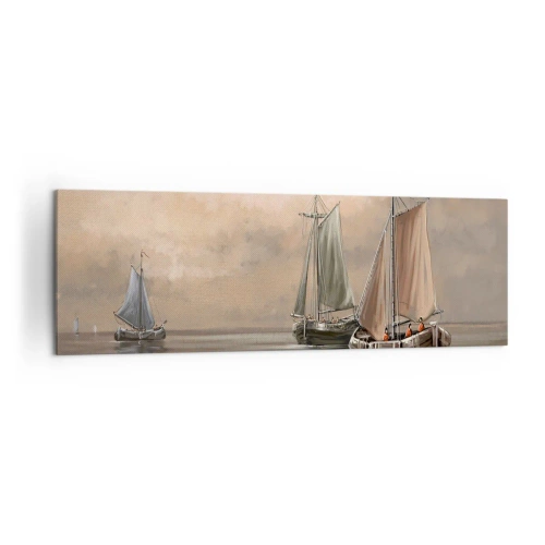 Cuadro sobre lienzo - Impresión de Imagen - Veleros en un mar en calma en un entorno pastel - 160x50cm - El regreso de los marineros - Decoración de pared moderna para salón y dormitorio ARTTOR