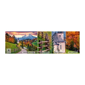 Muestra de fotomural autoadhesivo Deluxe Sticker - Paisaje como una pintura - paisaje de montaña, Camino, Iglesia - 100x30 cm