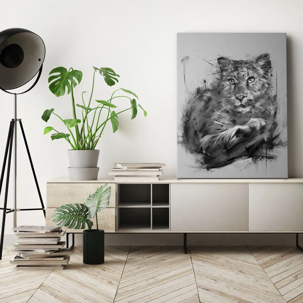 Cuadro sobre lienzo - Impresión de Imagen - Retrato en blanco y negro de un león en un estilo artístico con trazos dinámicos. - 50x70cm - Sí, estoy escuchando - Decoración de pared moderna para salón y dormitorio ARTTOR