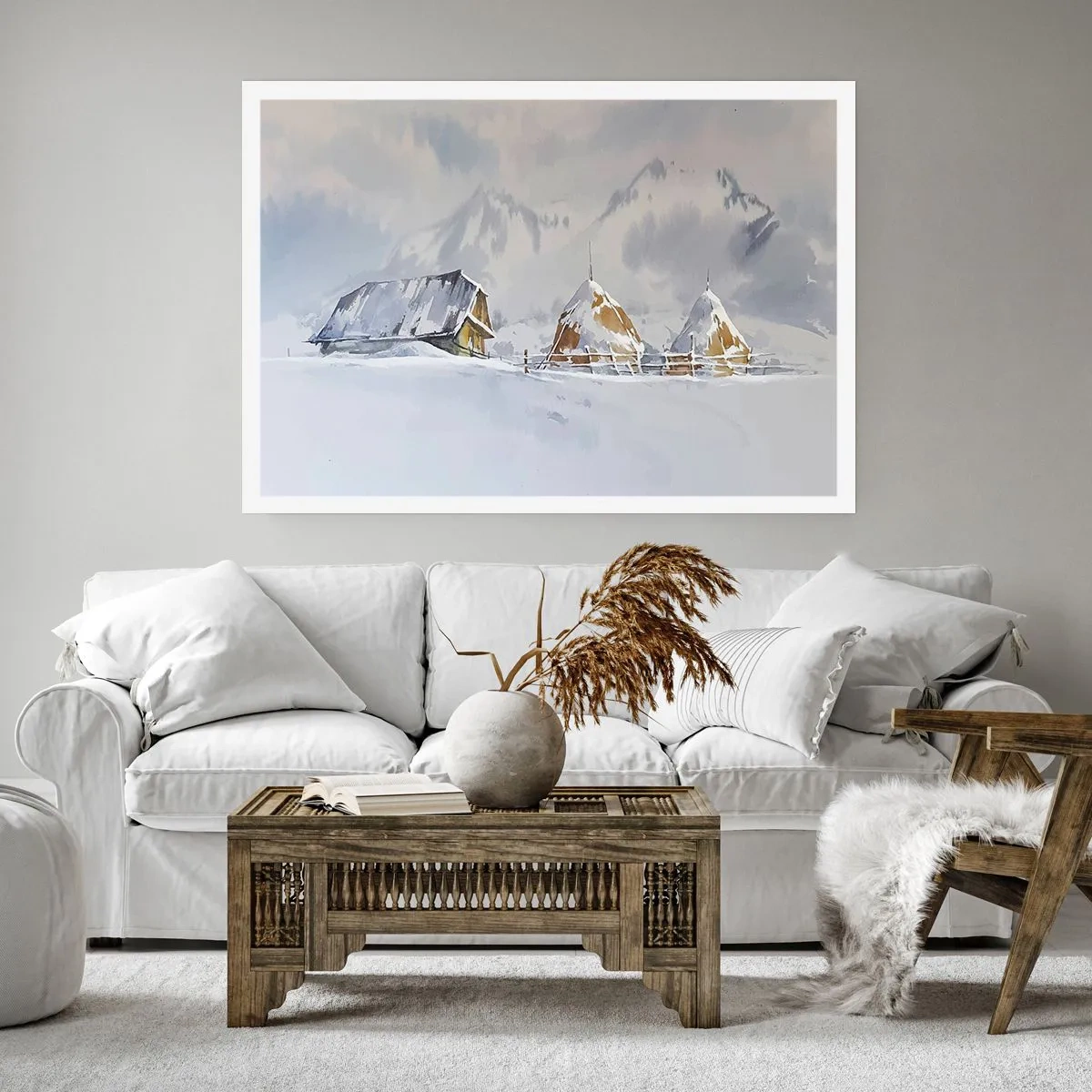 Póster - Paisaje invernal con una cabaña y pajares en las montañas - 100x70cm - En un valle nevado - Decoración de pared moderna para salón y dormitorio ARTTOR