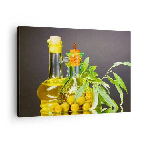 Cuadro sobre lienzo - Impresión de Imagen - Botellas de aceite de oliva y ramas de olivo - 70x50cm - Bodegón con aceitunas y aceite - Decoración de pared moderna para salón y dormitorio ARTTOR