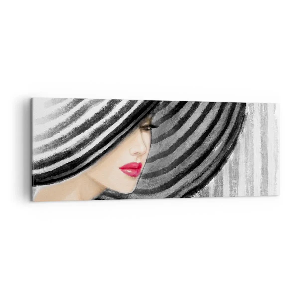 Cuadro sobre lienzo - Impresión de Imagen - Mujer con un sombrero blanco y negro con acento rojo. - 140x50cm - ¿Dónde puedo encontrarte? - Decoración de pared moderna para salón y dormitorio ARTTOR