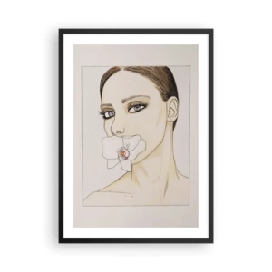 Póster en marco negro - Retrato de una mujer con una orquídea en los labios. - 50x70cm - Elegancia y belleza - Decoración de pared moderna para salón y dormitorio ARTTOR