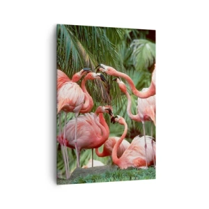 Cuadro sobre lienzo - Impresión de Imagen - Un grupo de flamencos en un entorno tropical rodeado de palmeras. - 70x100cm - Cotilleos de la tarde - Decoración de pared moderna para salón y dormitorio ARTTOR