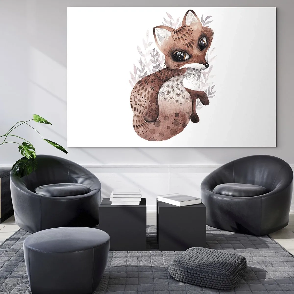 Cuadro sobre vidrio - Impresiones sobre Vidrio - Un lindo zorro de acuarela sobre un fondo blanco. - 70x50cm - Dulzura y amor - Decoración de pared moderna para salón y dormitorio ARTTOR