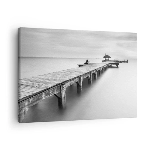 Cuadro sobre lienzo - Impresión de Imagen - Una vista en blanco y negro de un muelle de madera sobre aguas tranquilas. - 70x50cm - Lejos - Decoración de pared moderna para salón y dormitorio ARTTOR
