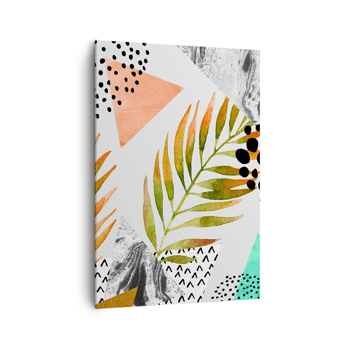 Cuadro sobre lienzo - Impresión de Imagen - Patrón tropical con hojas y formas geométricas. - 70x100cm - Decoración con hojas de palmera - Decoración de pared moderna para salón y dormitorio ARTTOR