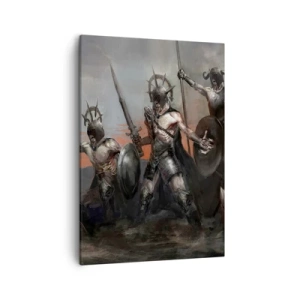 Cuadro sobre lienzo - Impresión de Imagen - Un grupo de guerreros con armadura y lanzas con el atardecer como telón de fondo. - 50x70cm - Escudo con escudo - Decoración de pared moderna para salón y dormitorio ARTTOR