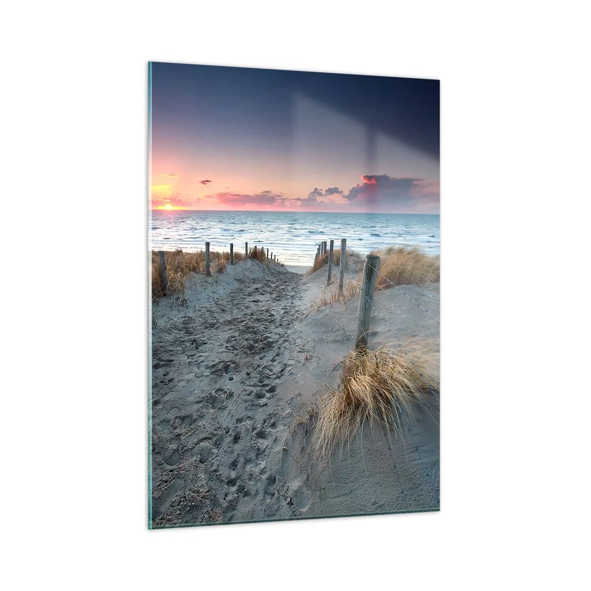 Cuadro sobre vidrio - Impresiones sobre Vidrio - Camino a través de las dunas que conduce al mar al atardecer - 50x70cm - Se derramó un arco iris de luminosidad.... - Decoración de pared moderna para salón y dormitorio ARTTOR