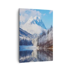 Cuadro sobre lienzo - Impresión de Imagen - Paisaje invernal de montaña con árboles cubiertos de nieve y un lago. - 70x100cm - Guardia de nieve - Decoración de pared moderna para salón y dormitorio ARTTOR