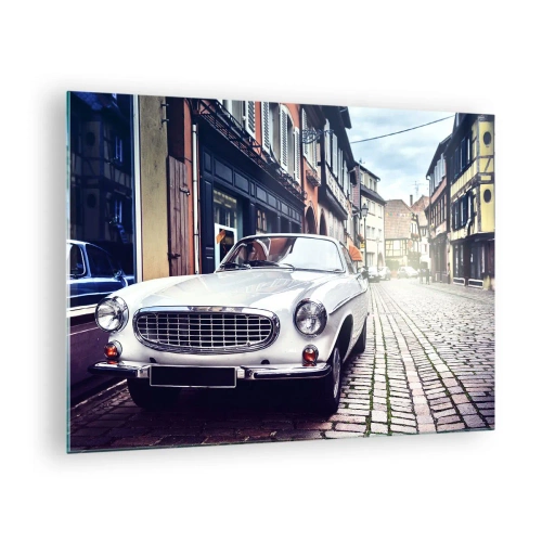 Cuadro sobre vidrio - Impresiones sobre Vidrio - Un coche clásico blanco con un fondo de edificios históricos. - 70x50cm - El pasado está aquí - Decoración de pared moderna para salón y dormitorio ARTTOR