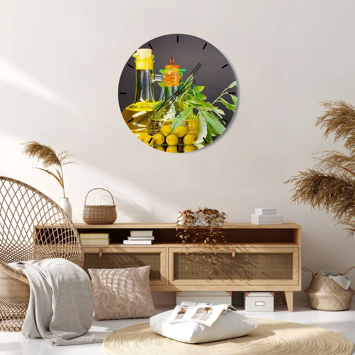 Reloj de pared - Reloj de vidrio - Bodegón con aceitunas y aceite - 30x30 cm
