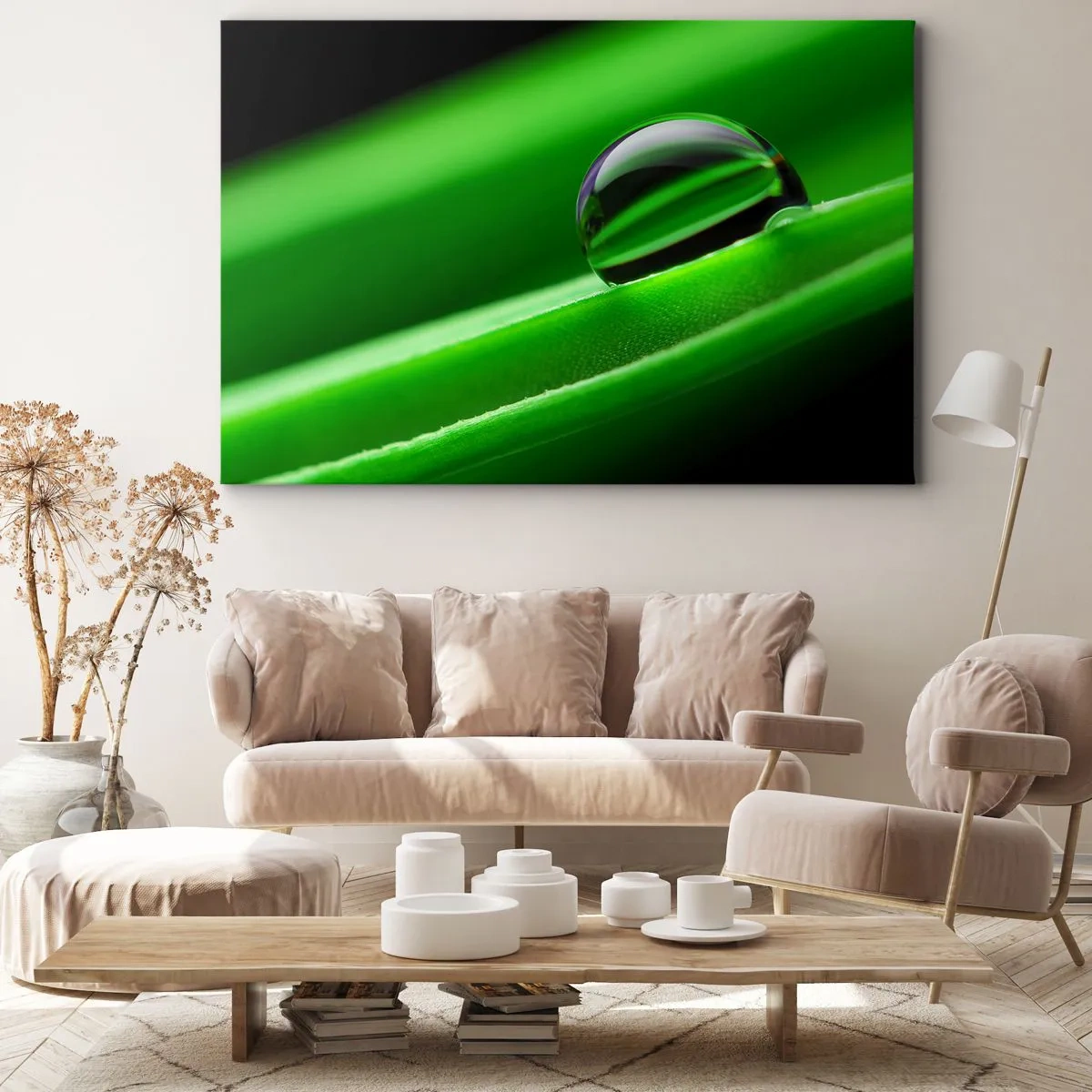 Cuadro sobre lienzo - Impresión de Imagen - Primer plano de una gota de rocío sobre una hoja verde - 120x80cm - La vida de cerca - Decoración de pared moderna para salón y dormitorio ARTTOR