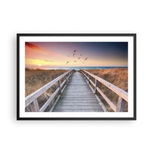 Póster en marco negro - Muelle de madera que conduce a la playa al atardecer - 70x50cm - Camino a lo desconocido - Decoración de pared moderna para salón y dormitorio ARTTOR