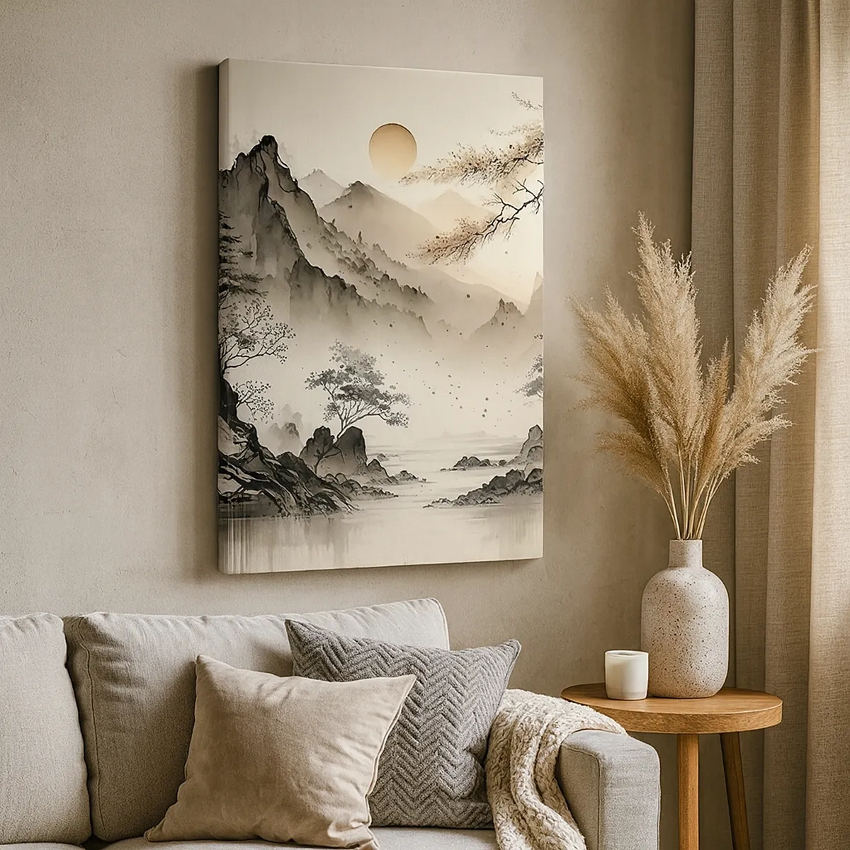 Cuadro sobre lienzo - Impresión de Imagen - Un paisaje oriental con montañas y una pagoda en tonos delicados. - 50x70cm - El encanto único de Oriente - Decoración de pared moderna para salón y dormitorio ARTTOR