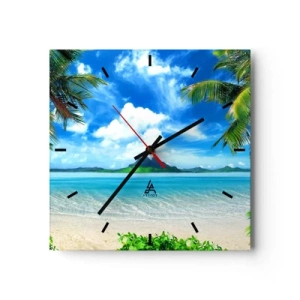 Reloj de pared - Reloj de vidrio - Playa tropical con palmeras y vista a la isla. - 30x30cm - El azul de los trópicos - Decoración de pared moderna para salón y dormitorio ARTTOR