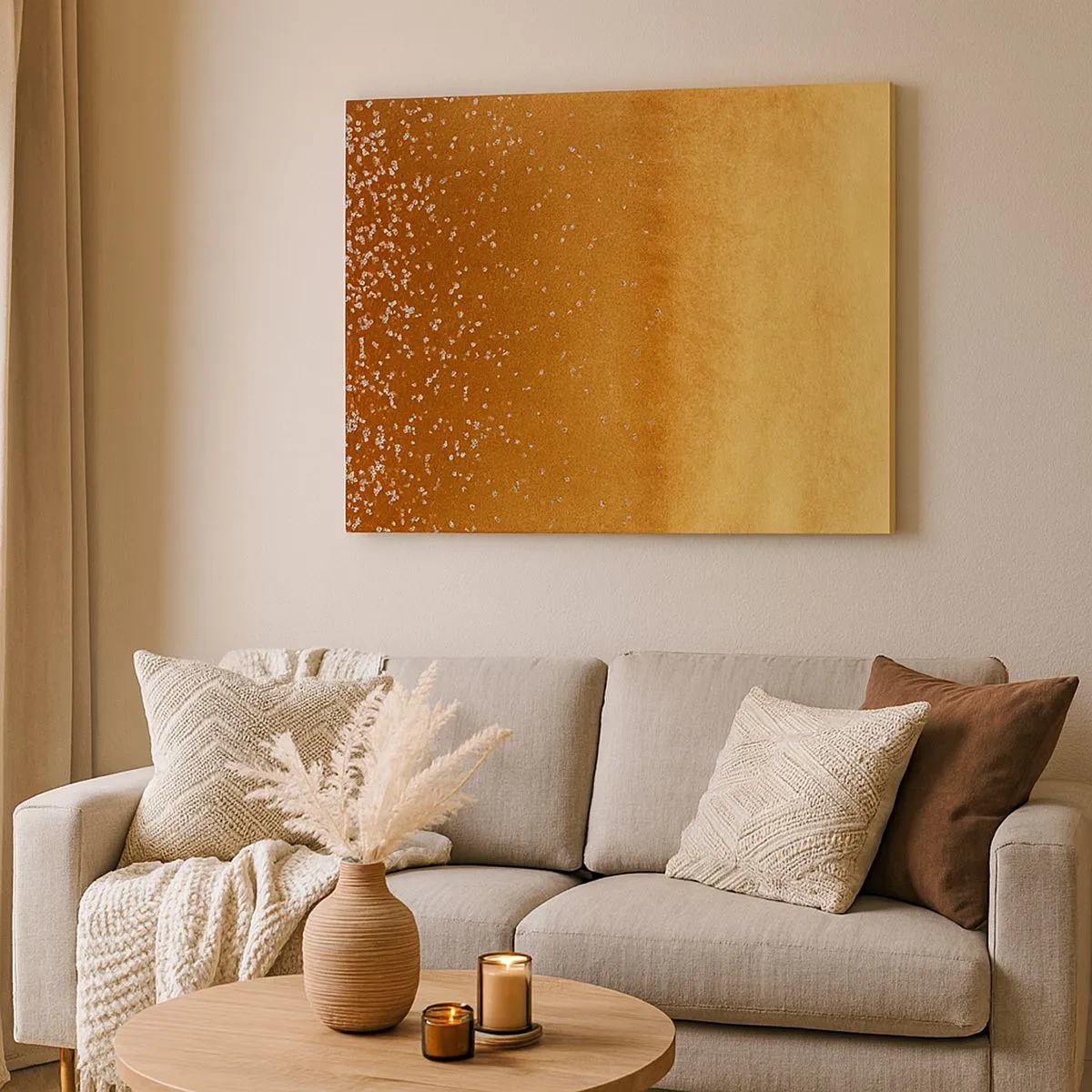 Cuadro sobre lienzo - Impresión de Imagen - Un degradado dorado con brillo sutil y adornos. - 70x50cm - Nacimiento de la luz - Decoración de pared moderna para salón y dormitorio ARTTOR