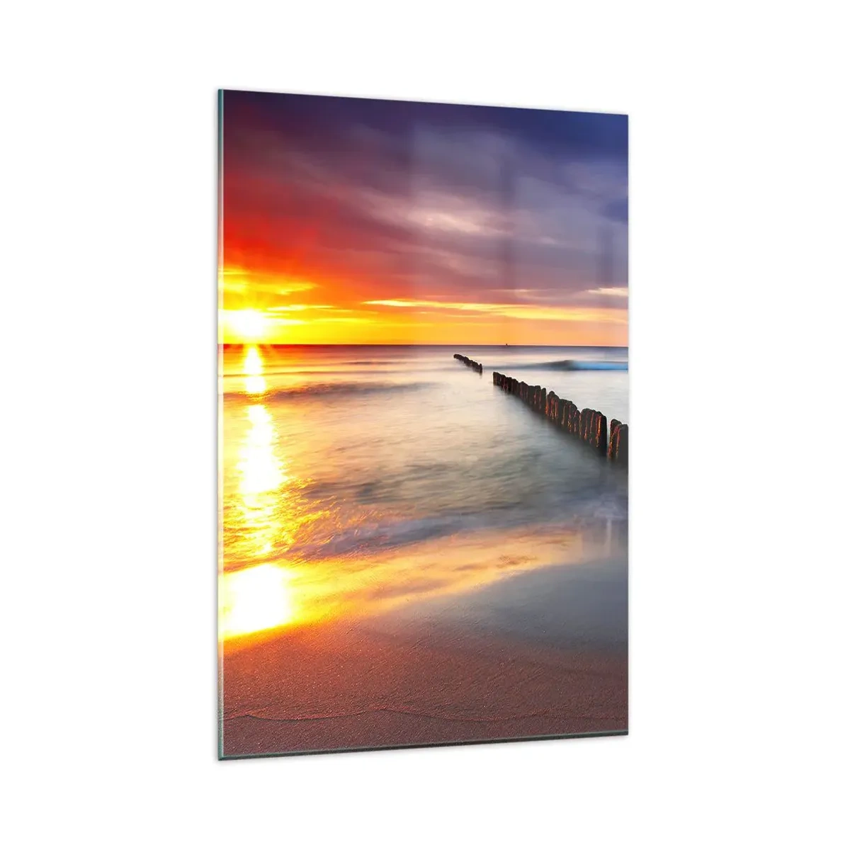 Cuadro sobre vidrio - Impresiones sobre Vidrio - Puesta de sol sobre el mar con un rompeolas en primer plano - 80x120cm - Escuchar el silencio - Decoración de pared moderna para salón y dormitorio ARTTOR