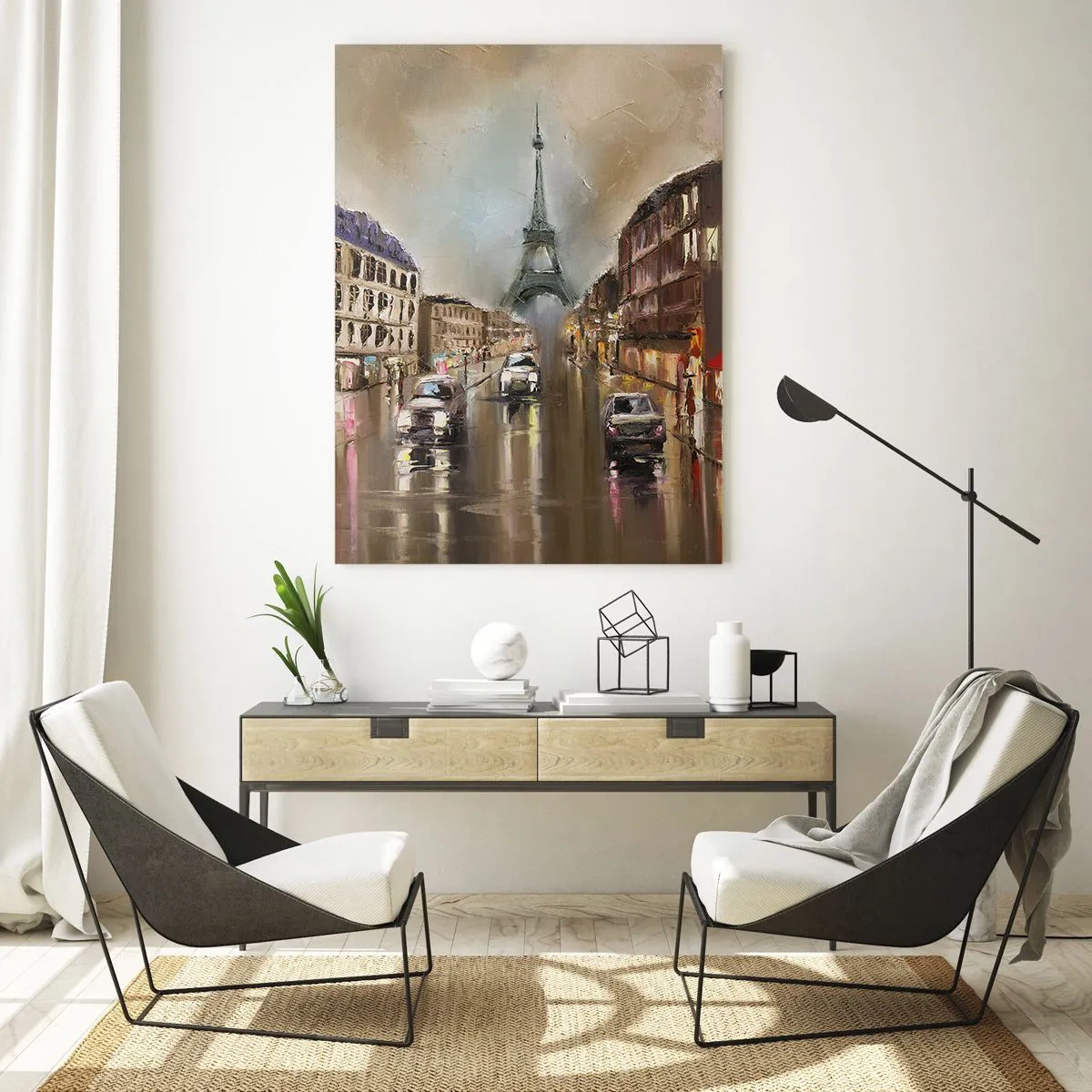 Cuadro sobre vidrio - Impresiones sobre Vidrio - Calle parisina al atardecer con vistas a la Torre Eiffel - 50x70cm - Solo ella importa - Decoración de pared moderna para salón y dormitorio ARTTOR
