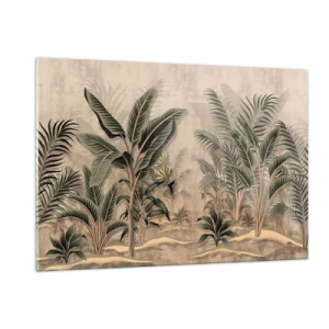Cuadro sobre vidrio - Impresiones sobre Vidrio - Plantas tropicales sobre fondo beige en estilo colonial. - 120x80cm - Grabados de estilo colonial - Decoración de pared moderna para salón y dormitorio ARTTOR