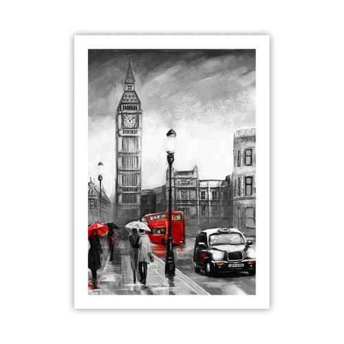 Póster - El Big Ben en un día lluvioso con acentos rojos - 50x70cm - No tan gris como la pintan - Decoración de pared moderna para salón y dormitorio ARTTOR