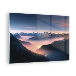 Cuadro sobre vidrio - Impresiones sobre Vidrio - Paisaje de montaña al atardecer con niebla en el valle - 70x50cm - Luz en los valles - Decoración de pared moderna para salón y dormitorio ARTTOR