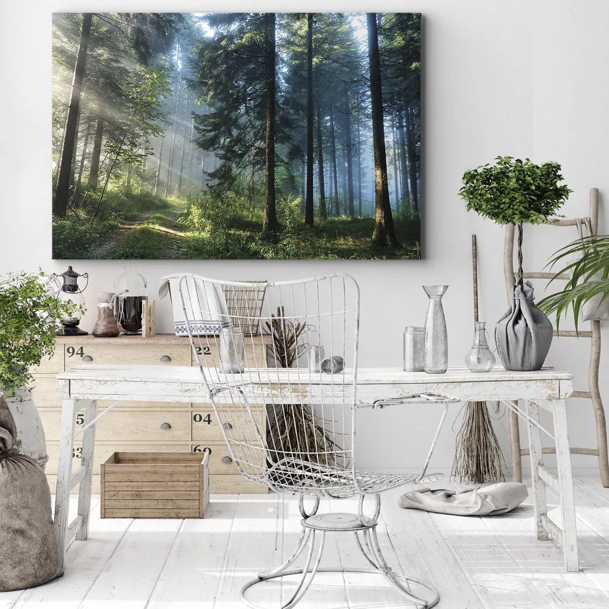 Cuadro sobre lienzo - Impresión de Imagen - Un sendero forestal iluminado por los rayos del sol de la mañana. - 100x70cm - Radiante por la mañana - Decoración de pared moderna para salón y dormitorio ARTTOR