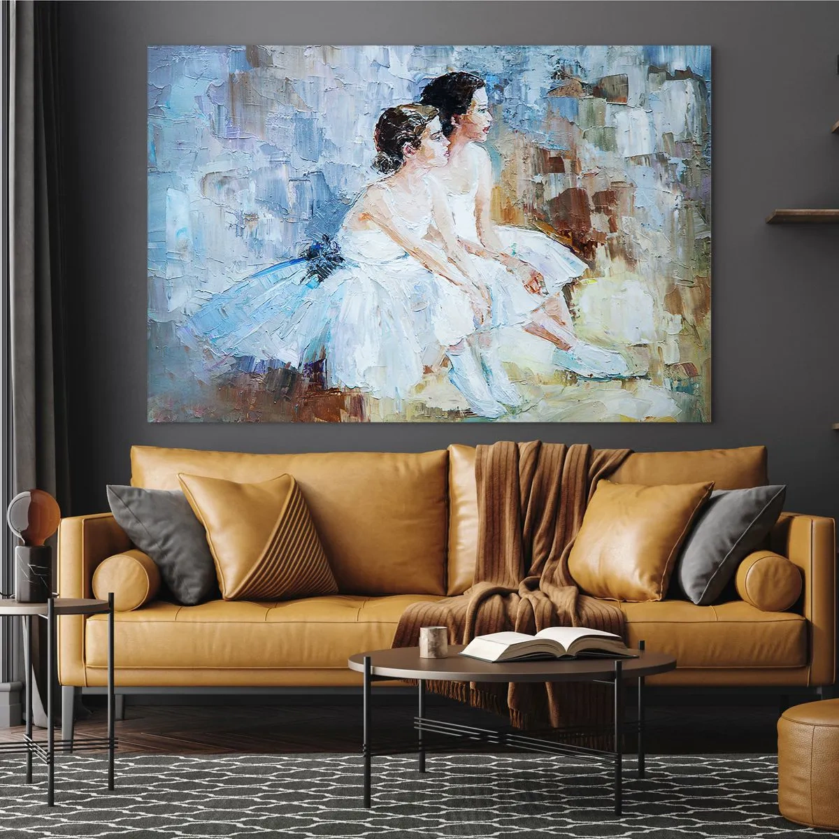 Cuadro sobre vidrio - Impresiones sobre Vidrio - Dos bailarinas con vestidos blancos sobre un fondo impresionista. - 120x80cm - Cisnes jóvenes descansando - Decoración de pared moderna para salón y dormitorio ARTTOR