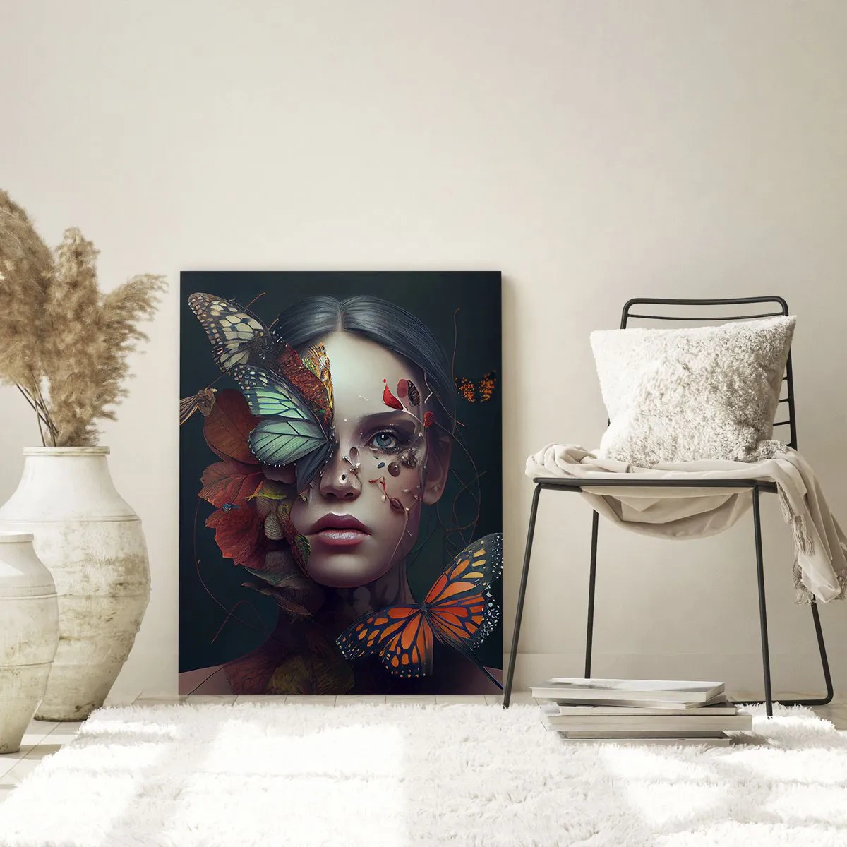 Cuadro sobre vidrio - Impresiones sobre Vidrio - Retrato de una mujer con mariposas y elementos vegetales. - 70x100cm - Una metamorfosis maravillosa - Decoración de pared moderna para salón y dormitorio ARTTOR