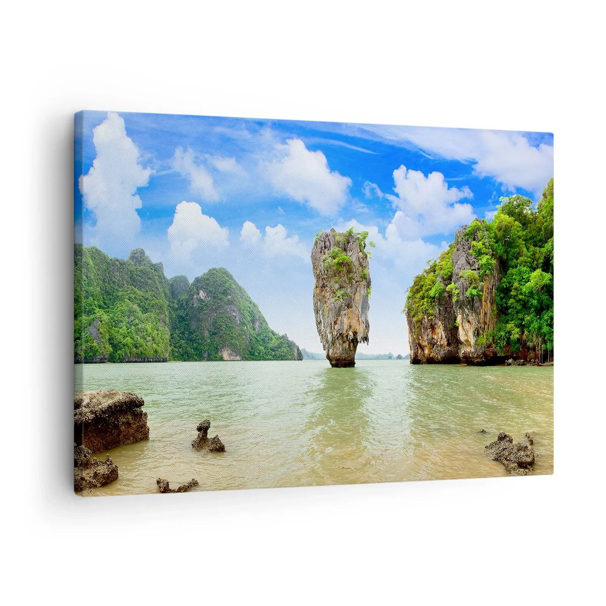 Cuadro sobre lienzo - Impresión de Imagen - Una formación rocosa exótica rodeada de agua y vegetación bajo un cielo azul. - 70x50cm - Las maravillas rocosas de la naturaleza - Decoración de pared moderna para salón y dormitorio ARTTOR