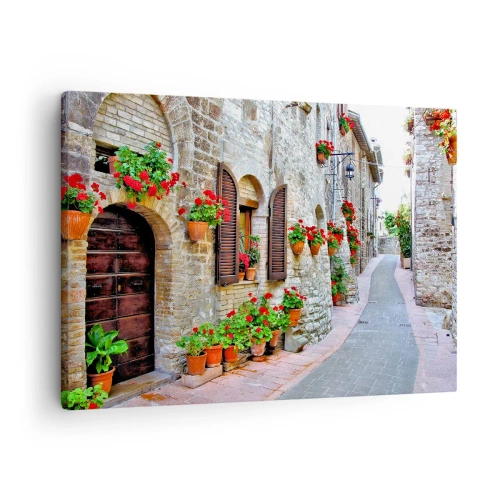 Cuadro sobre lienzo - Impresión de Imagen - Una calle estrecha con edificios de piedra decorados con macetas. - 70x50cm - Ambiente italiano - Decoración de pared moderna para salón y dormitorio ARTTOR