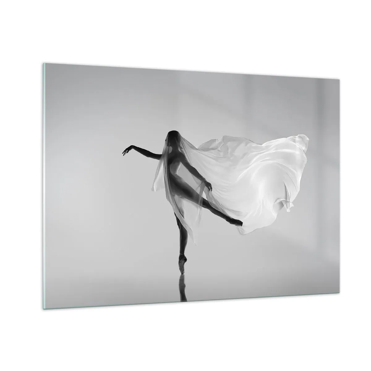 Cuadro sobre vidrio - Impresiones sobre Vidrio - Silueta de una bailarina con un velo flotante en movimiento. - 100x70cm - Ligereza y gracia - Decoración de pared moderna para salón y dormitorio ARTTOR