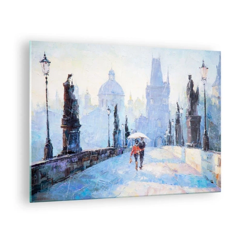 Cuadro sobre vidrio - Impresiones sobre Vidrio - Caminando con un paraguas por un puente histórico en un día lluvioso - 70x50cm - El embrujo de la lluvia - Decoración de pared moderna para salón y dormitorio ARTTOR