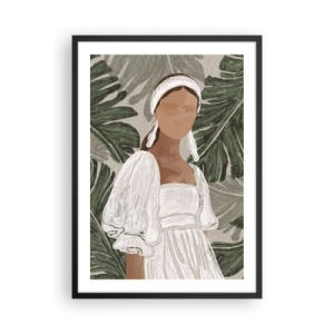 Póster en marco negro - Una mujer con un vestido blanco sobre un fondo de hojas verdes. - 50x70cm - Retrato exótico - Decoración de pared moderna para salón y dormitorio ARTTOR