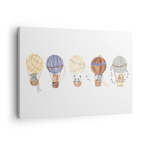 Cuadro sobre lienzo - Impresión de Imagen - Lindos animales en globos sobre un fondo blanco. - 70x50cm - Amigos de viaje - Decoración de pared moderna para salón y dormitorio ARTTOR