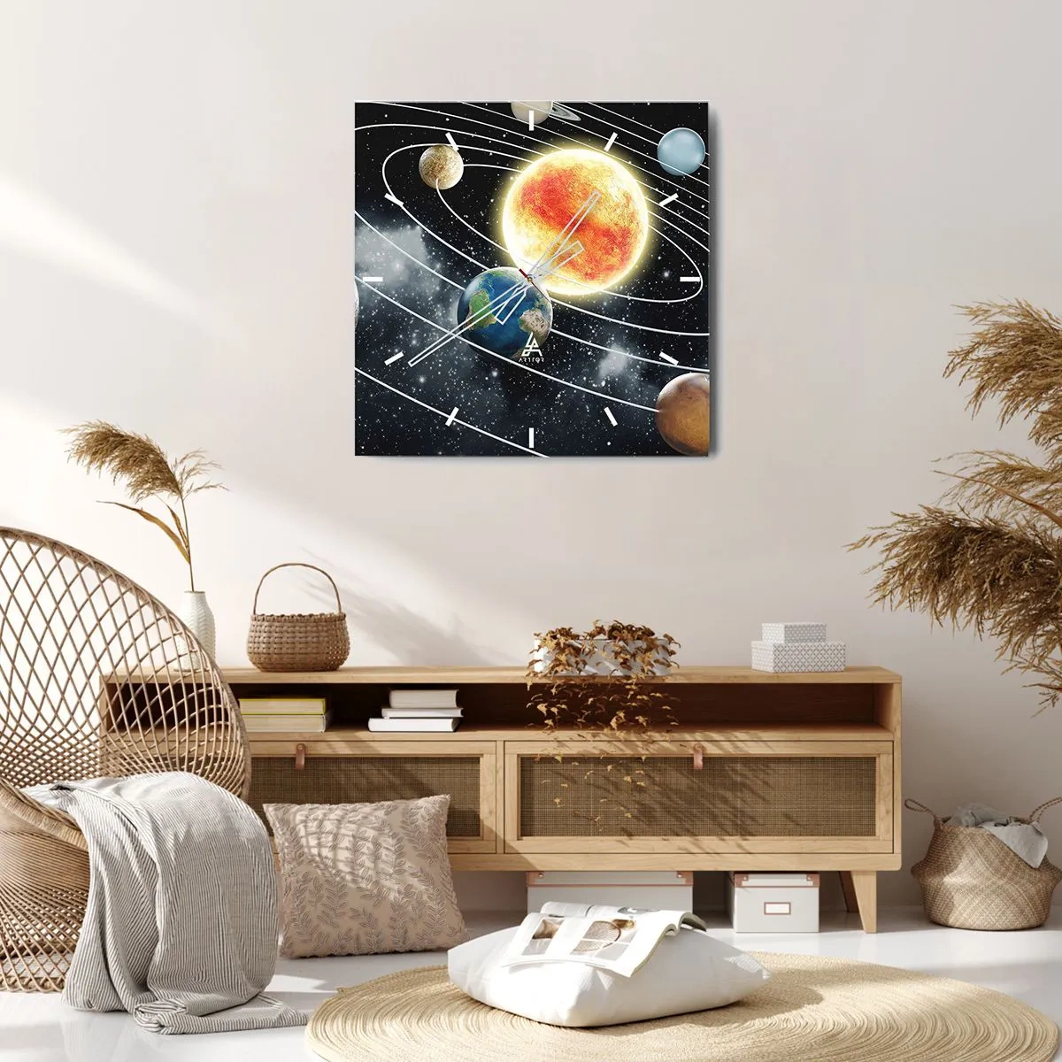 Reloj de pared - Reloj de vidrio - Sistema solar con planetas y sol en el espacio. - 30x30cm - Danza cósmica - Decoración de pared moderna para salón y dormitorio ARTTOR