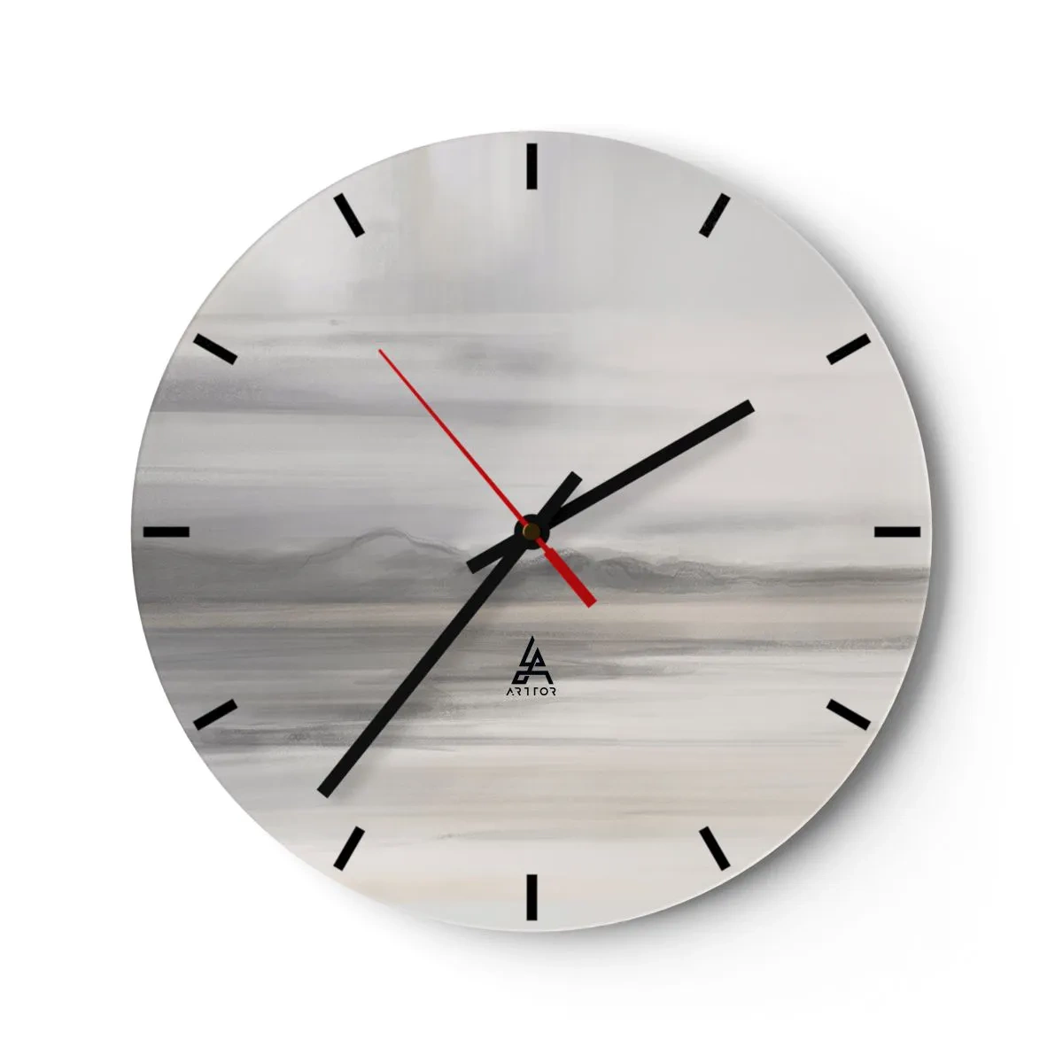Reloj de pared - Reloj de vidrio - Un delicado paisaje en tonos grises y beige con montañas brumosas. - 30x30cm - Una distancia reflexiva - Decoración de pared moderna para salón, cocina y dormitorio ARTTOR