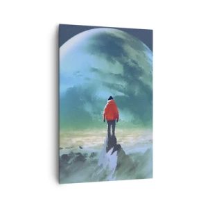Cuadro sobre lienzo - Impresión de Imagen - Un hombre con una chaqueta roja de pie frente a un gran planeta con estrellas en el fondo. - 80x120cm - Descubridor de una nueva Tierra - Decoración de pared moderna para salón y dormitorio ARTTOR