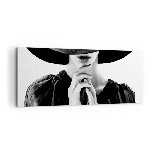 Cuadro sobre lienzo - Impresión de Imagen - Mujer elegante con un gran sombrero en tonos blanco y negro. - 120x50cm - Belleza oculta - Decoración de pared moderna para salón y dormitorio ARTTOR