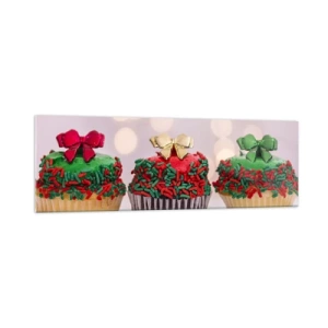 Cuadro sobre vidrio - Impresiones sobre Vidrio - Cupcakes navideños con chispas de colores y lazos. - 160x50cm - Dulzura hasta el lazo - Decoración de pared moderna para salón y dormitorio ARTTOR