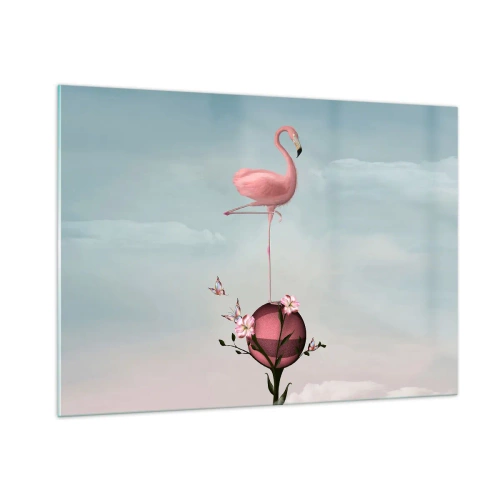 Cuadro sobre vidrio - Impresiones sobre Vidrio - Un flamenco rosa de pie sobre una bola decorativa con flores y mariposas. - 100x70cm - Alegoría del baloncesto - Decoración de pared moderna para salón y dormitorio ARTTOR