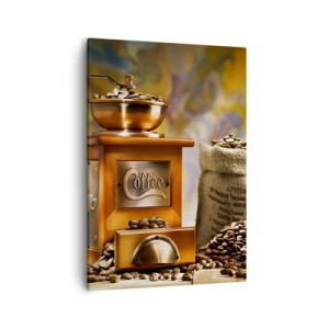 Cuadro sobre lienzo - Impresión de Imagen - Molinillo de café con granos y una taza al fondo. - 50x70cm - El crujido de los granos, el ruido del molino - Decoración de pared moderna para salón y dormitorio ARTTOR