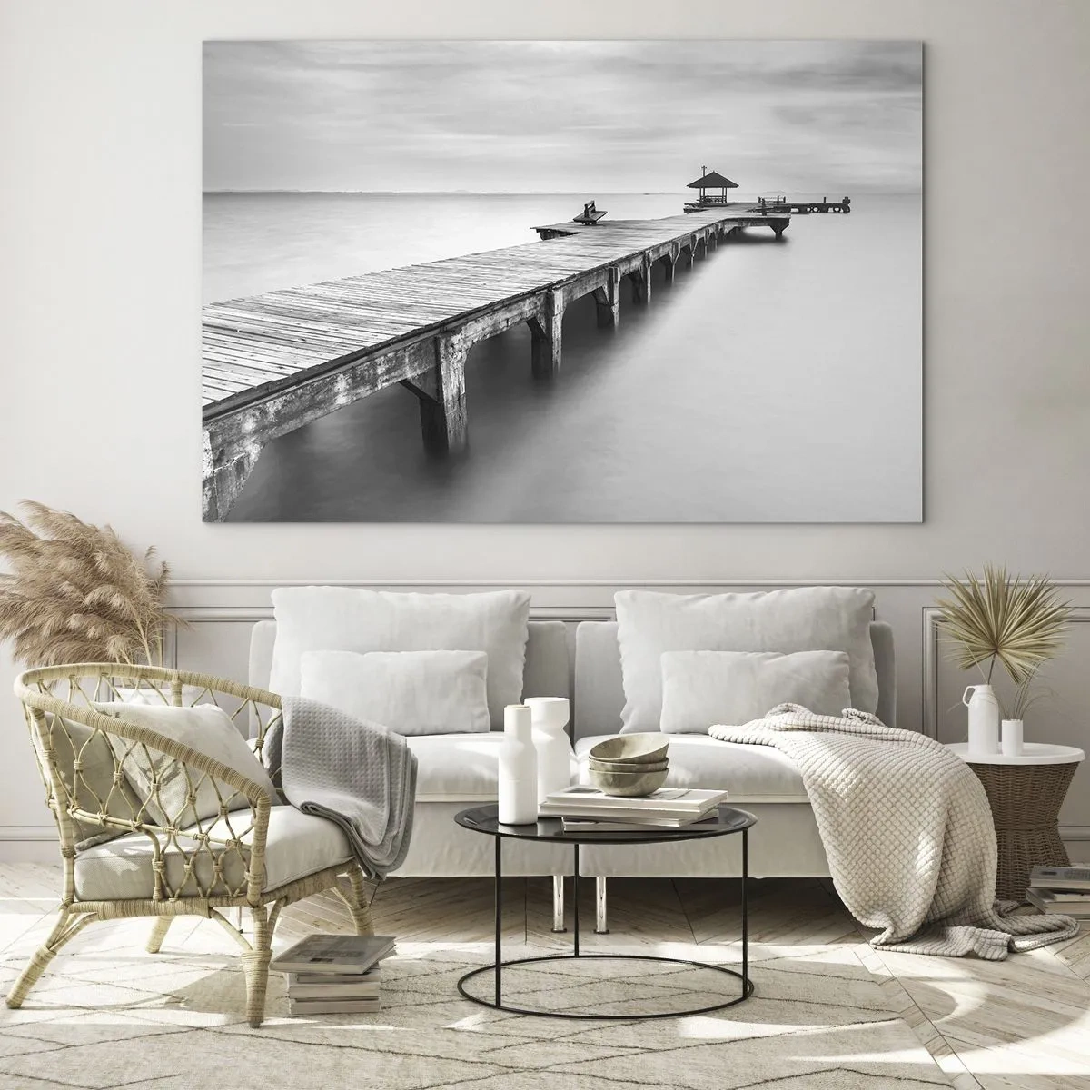 Cuadro sobre vidrio - Impresiones sobre Vidrio - Muelle de madera en blanco y negro con vistas al lago. - 100x70cm - Lejos - Decoración de pared moderna para salón y dormitorio ARTTOR