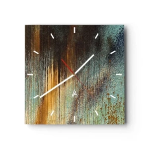 Reloj de pared - Reloj de vidrio - Una composición abstracta de colores en tonos dorados, marrones y azules. - 30x30cm - Una composición colorista no accidental - Decoración de pared moderna para salón y dormitorio ARTTOR