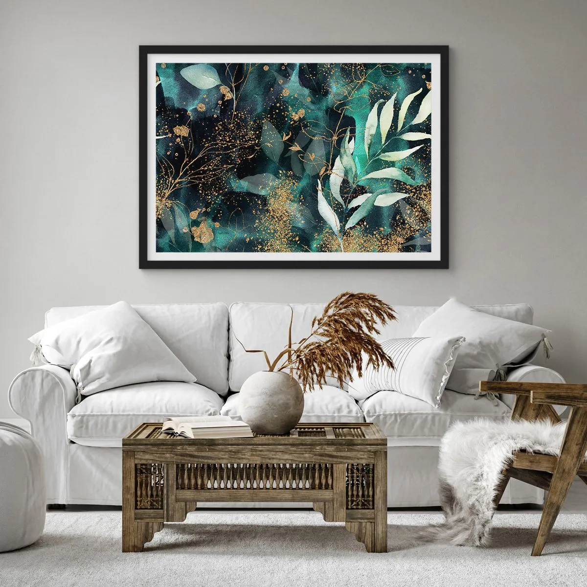 Póster en marco negro - Hojas elegantes sobre un fondo oscuro con acentos dorados. - 70x50cm - Jardín encantado - Decoración de pared moderna para salón y dormitorio ARTTOR