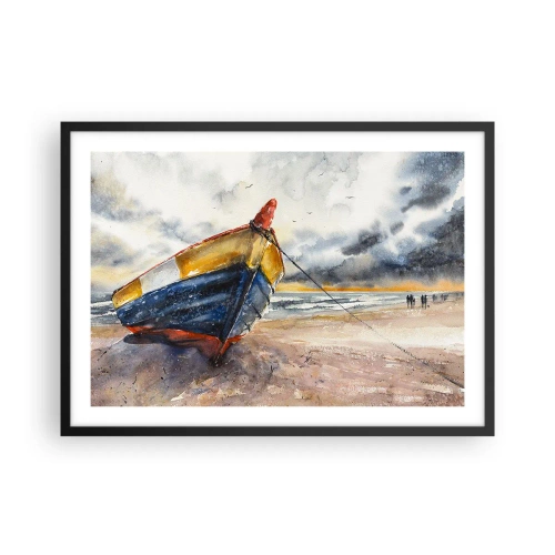 Póster en marco negro - Un pintoresco barco en la playa bajo un cielo nublado. - 70x50cm - Descansando en la orilla - Decoración de pared moderna para salón y dormitorio ARTTOR