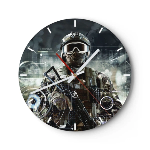 Reloj de pared - Reloj de vidrio - La figura de un soldado con equipo moderno en el contexto de gráficos tecnológicos. - 30x30cm - De poder a poder - Decoración de pared moderna para salón, cocina y dormitorio ARTTOR